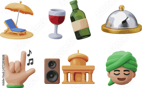 Set of cute 3D cartoon emojis representing travel, food, music, relaxation, architecture, and culture in colorful playful modern design style