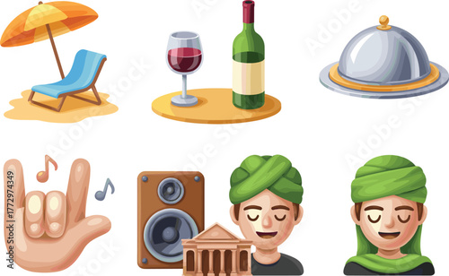 Set of cute 3D cartoon emojis representing travel, food, music, relaxation, architecture, and culture in colorful playful modern design style