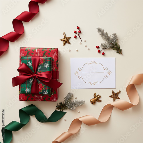 Christmas composition with a gift box, greeting card, ribbons, and pine branches on a neutral background