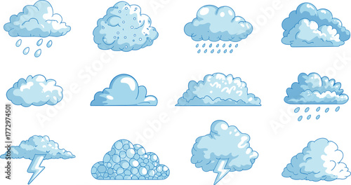 Set of twelve cartoon-style cloud illustrations showing rain, thunder, and weather variations for climate forecast and meteorological design concepts