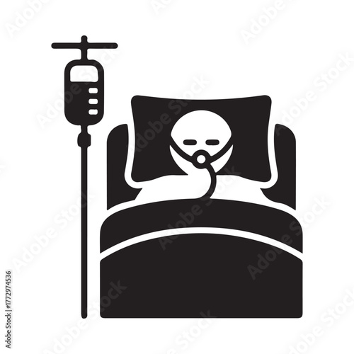 Sick person in hospital bed with oxygen mask and iv drip