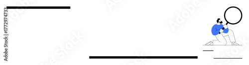 Person in blue holding a magnifying glass, analyzing data with straight black lines. Ideal for data analysis, research, inspection, investigation, focus, scrutiny and problem-solving. Minimal flat