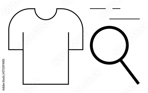 T-shirt outline with large magnifying glass emphasizing analysis, text details suggest review process. Ideal for fashion, quality check, production, ecommerce, design, retail, simple flat metaphor