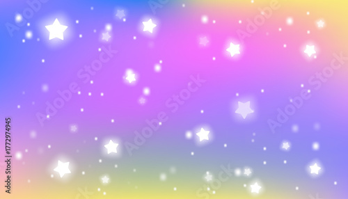 Holographic unicorn background with pastel rainbow gradient in pink and purple. Sparkles and stars create dreamy kawaii princess sky. Fantasy vector texture for Xmas, New Year and festive design