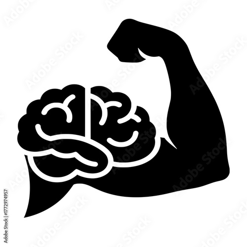 Mental Strength Vector Icon with Brain as Flexing Bicep Muscle

