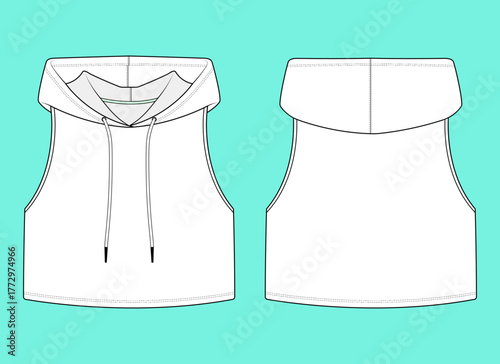 Unisex Sleeveless Cropped Tank Top Hoodie Technical Front and Back Flat Drawing CAD Template.