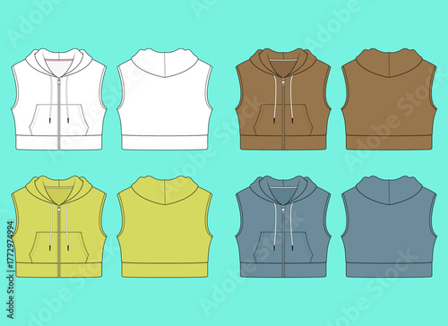 Colorways of Cropped Sleeveless Zip-Up Hoodie Technical Flats Set Template.