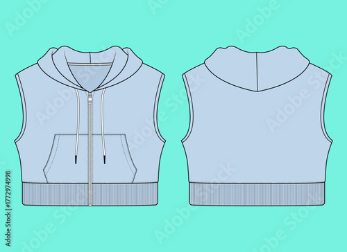 Women's Full-Zip Sleeveless Cropped Hoodie with Kangaroo Pocket Fashion Flat Sketch CAD Template.