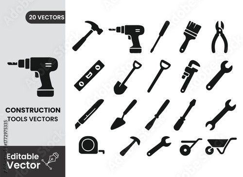 Collection of various black silhouette tools for home repair and construction