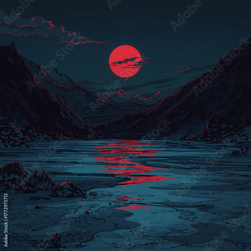 Empty frozen valley depicted at sunrise, symbolizing the Japanese flag's red sun, with a silent, haunting mood. The artwork features a dark.