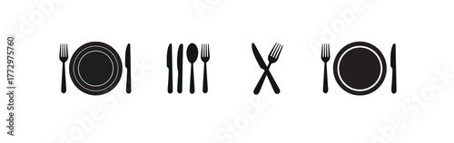Spoon and fork icon set. Restaurant symbol. knife,plate,spoon,cutlery Vector illustration.