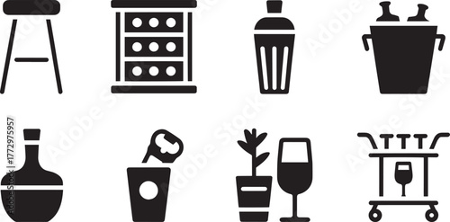 Cocktail equipment icons set bar accessories shaker bottle ice bucket stool