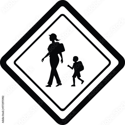 Diamond shaped black and white warning sign silhouette depicting a mother and child walking together carrying backpacks suggesting school or travel safety