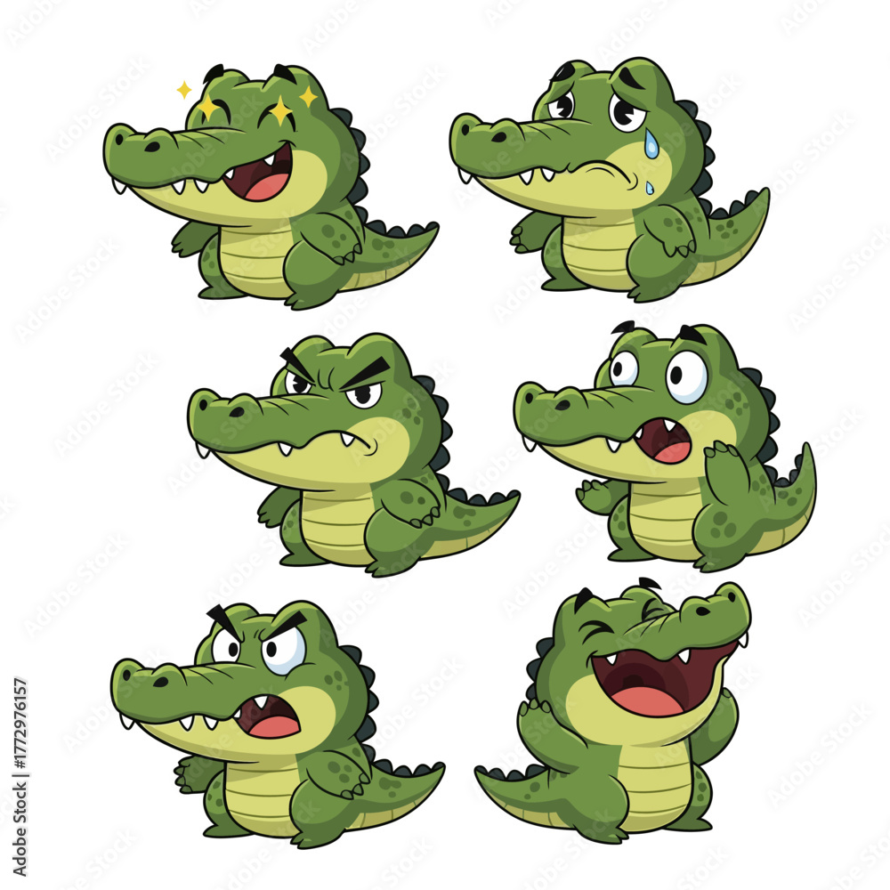Fototapeta premium Cute Cartoon Alligator Emoticon Set With Different Expressions.
