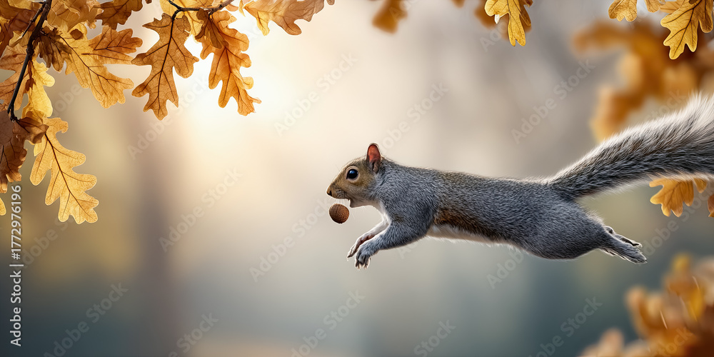 Obraz premium Squirrel leaping through autumn leaves with acorn in mouth, showcasing vibrant nature scene