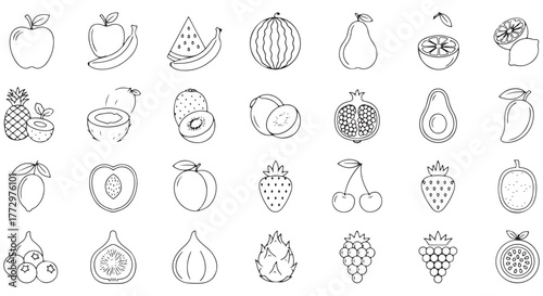 Fruits line icon set. Vector pictograms of banana, orange, strawberry, grapes, pineapple, mango, blueberry, raspberry, lime, kiwi, papaya, pomegranate, coconut, thin linear illustration
