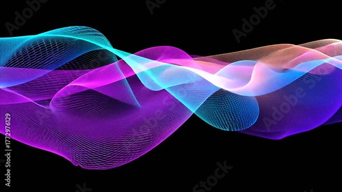 Abstract neon waves of purple and cyan light flow across a black background