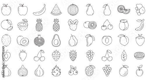 Fruits line icon set. Vector pictograms of banana, orange, strawberry, grapes, pineapple, mango, blueberry, raspberry, lime, kiwi, papaya, pomegranate, coconut, thin linear illustration