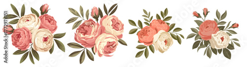 Four floral arrangements with pink and white roses and green leaves on a transparent background