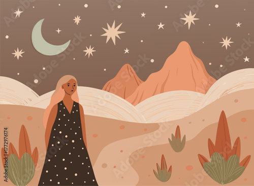 Boho Desert Landscape Illustration with Celestial Girl