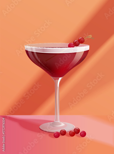 Cherry martini with maraschino cherries, cherry liqueur and vermouth. Vector illustration of an autumn cocktail.