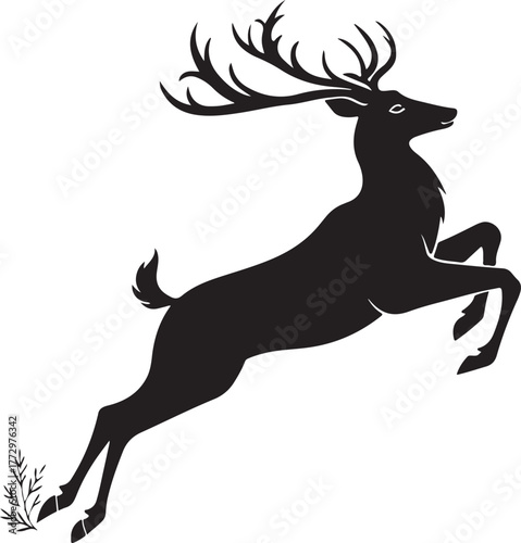 Silhouette of a Leaping Stag with Antlers Keywords: deer, stag, silhouette, leaping, jumping