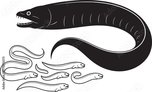 Eel fish silhouette and leptocephali juvenile larvae black isolated illustration predatory marine life