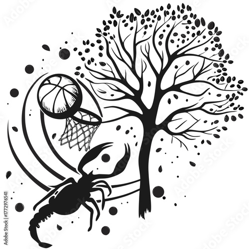Scorpion dunking basketball near tree