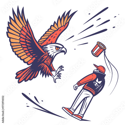 Eagle attacking man painting graffiti