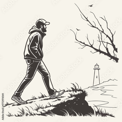 Man walking on the coast near a lighthouse