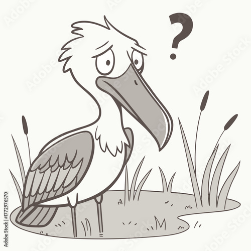 Worried shoebill stork cartoon vector. Confused african bird with question mark in monochrome wetland illustration.