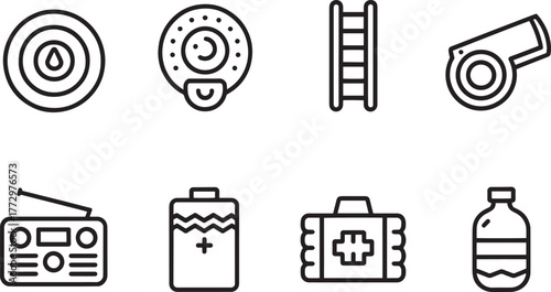Emergency preparedness survival gear icons set smoke carbon monoxide detector ladder whistle radio linear