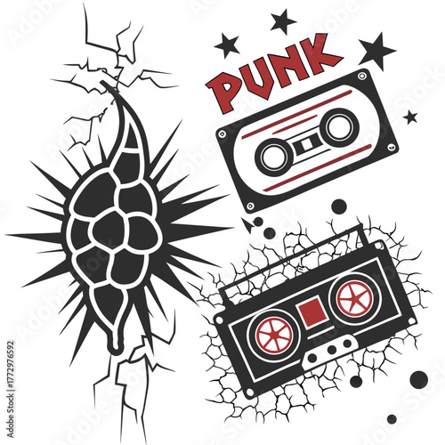 Cassette tapes and cracked shell in punk style
