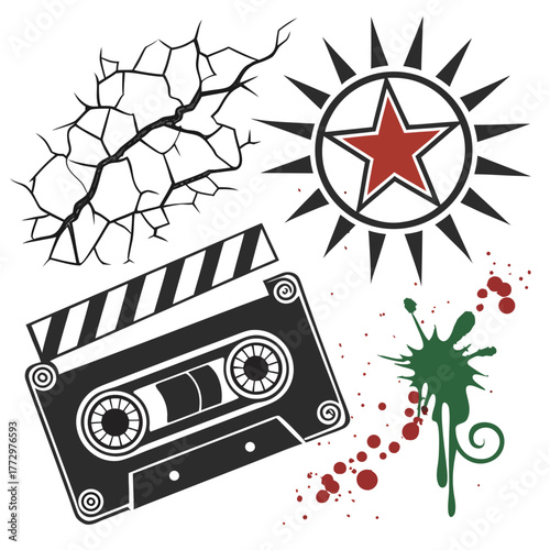 Cassette tape with clapperboard in grunge style