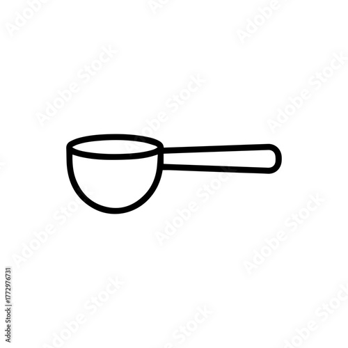 Minimalist black outline icon of a measuring scoop with a round cup and long handle on a clean white background, symbolizing cooking, measurement, or portion control.