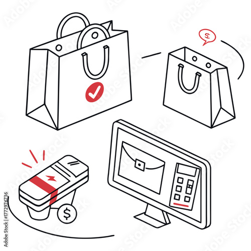 Shopping bags with card reader and computer