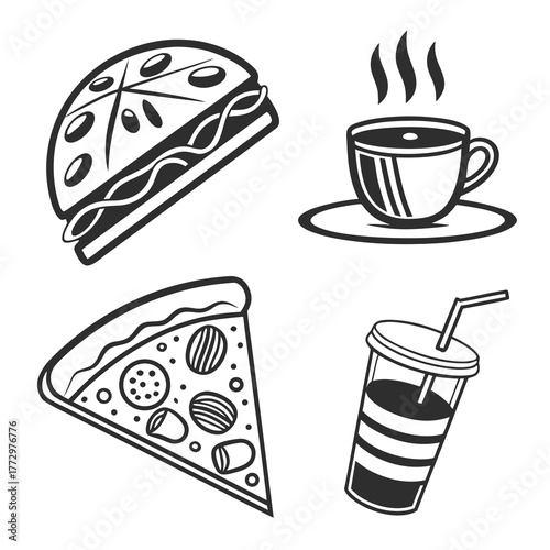 Monochrome illustration featuring fast food and a hot drink