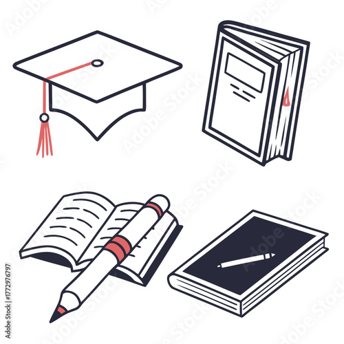Vector illustration of school supplies like graduation cap and open book