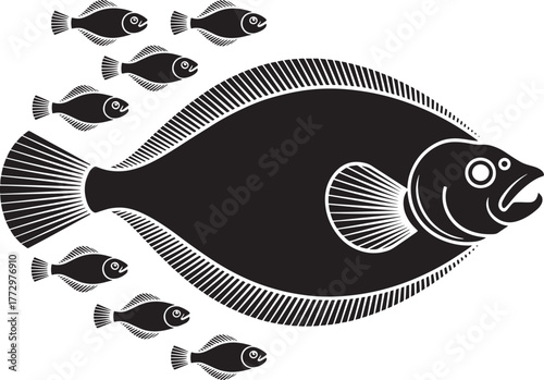 Flounder flatfish vector silhouette surrounded by small marine fishes sea life illustration