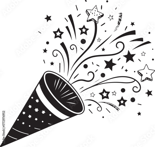Black and white party popper exploding with stars and confetti