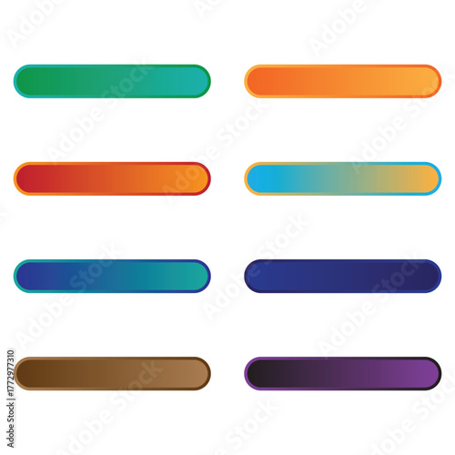 Eight colorful gradient rounded rectangle shapes display varied button styles on a transparent background