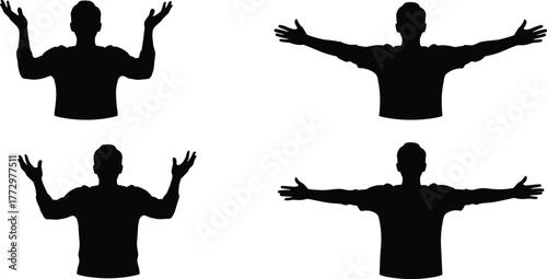 Human gesture silhouette set, expressive arm positions, communication body language icon, black figure illustration, pose variation graphic, minimalist vector design template