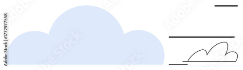 Single large blue cloud with curved edges, smaller outline clouds, and horizontal motion lines. Ideal for weather, data, communication, cloud computing, environment, creativity simple flat metaphor