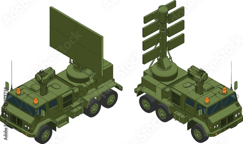Isometric illustration of military radar trucks, mobile communication vehicles, defense technology transport, army surveillance system, tactical equipment concept design