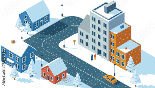 Isometric winter cityscape illustration, snowy street with houses and buildings, people walking, snowfall scene, urban neighborhood, modern seasonal architecture design