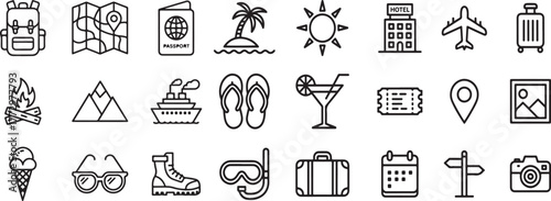 Iconic Travel and Vacation Planning Outline Design Elements Representing Various Trip Types Adventur