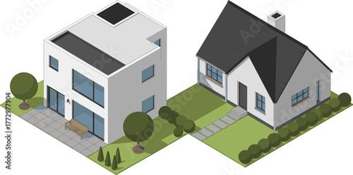 Isometric illustration of modern and traditional houses, residential architecture design, urban housing concept, suburban neighborhood, real estate property visualization