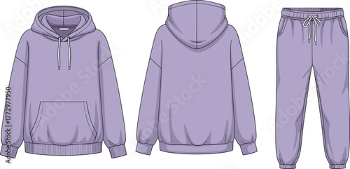 Lavender hoodie and sweatpants set, front and back view, casual wear fashion flat, cozy loungewear template, garment design sketch, clothing vector illustration