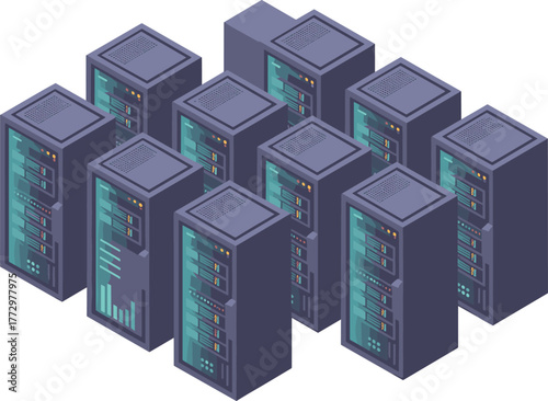 Isometric data server room illustration, modern technology network storage, cloud computing hardware racks, digital database infrastructure, information technology concept design