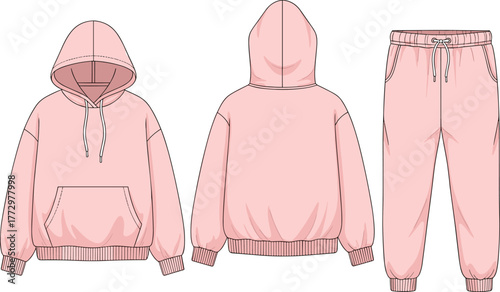Pink hoodie and jogger pants set, front and back view, casual wear fashion flat, cozy clothing template, loungewear vector illustration, garment design sketch